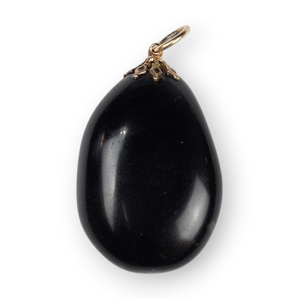 Vintage Black Glass Egg Shaped Necklace Pendant Oval Brass Filigree 2" Long - Picture 2 of 7
